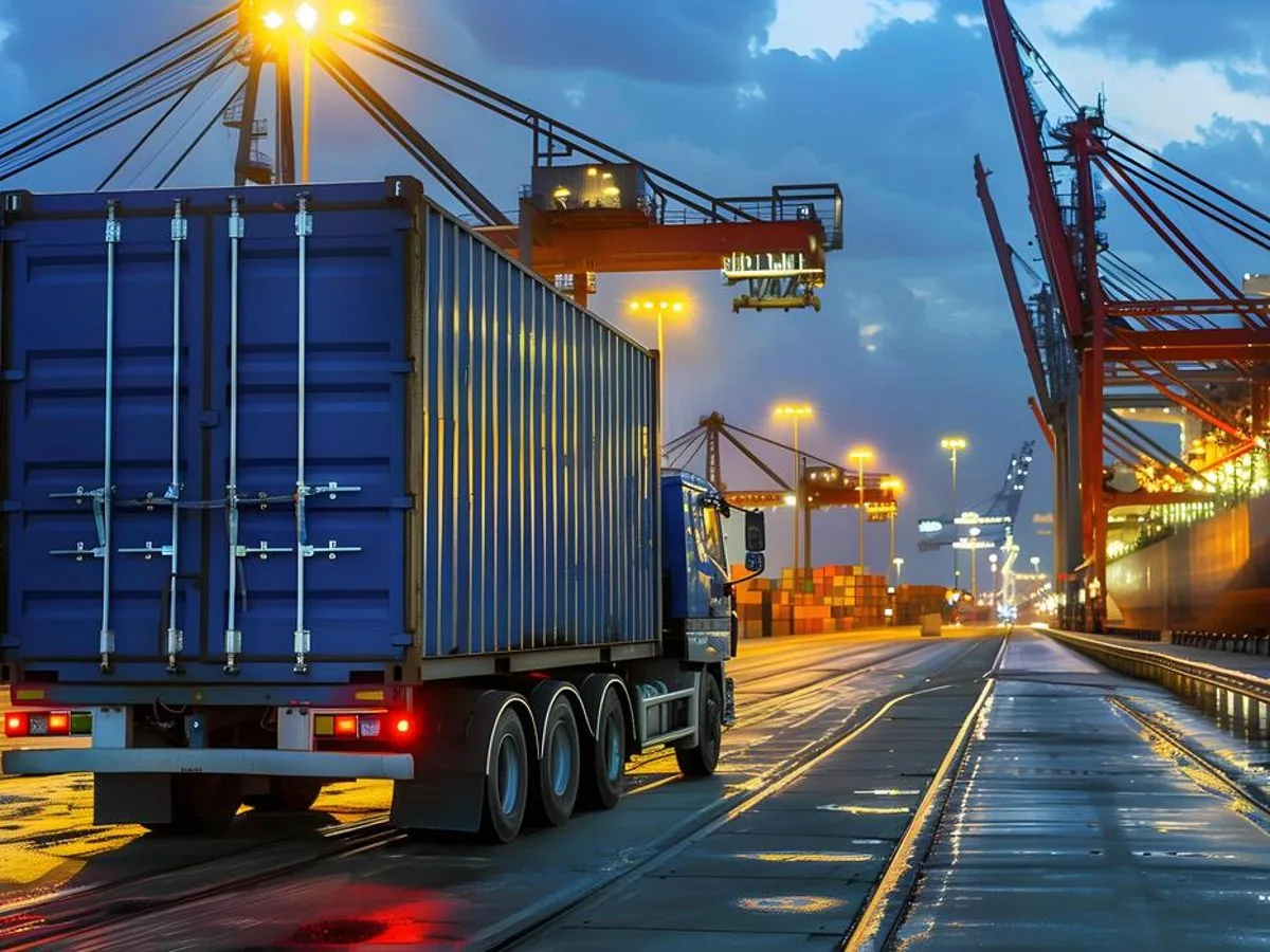 Freight container truck at a shipping port at dusk, representing a dispatch workflow automation case study for a logistics company